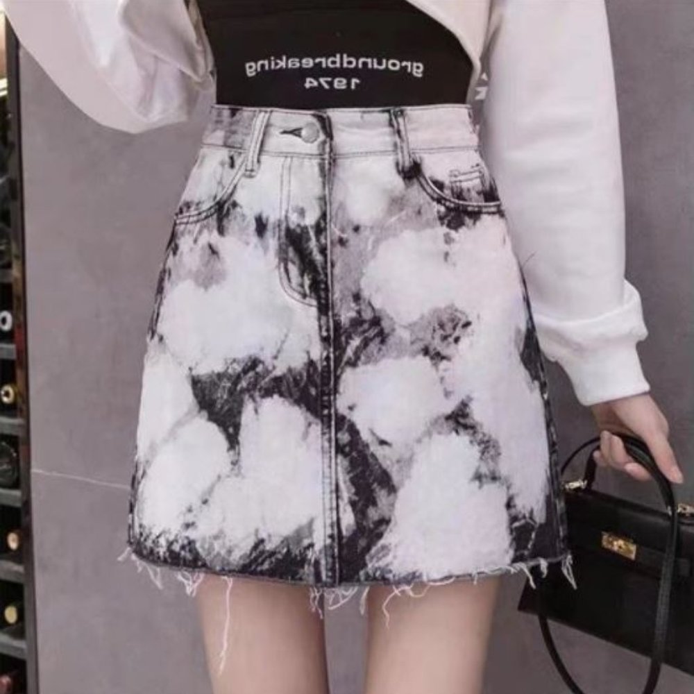 Monochrome Tie Dye Denim Skirt